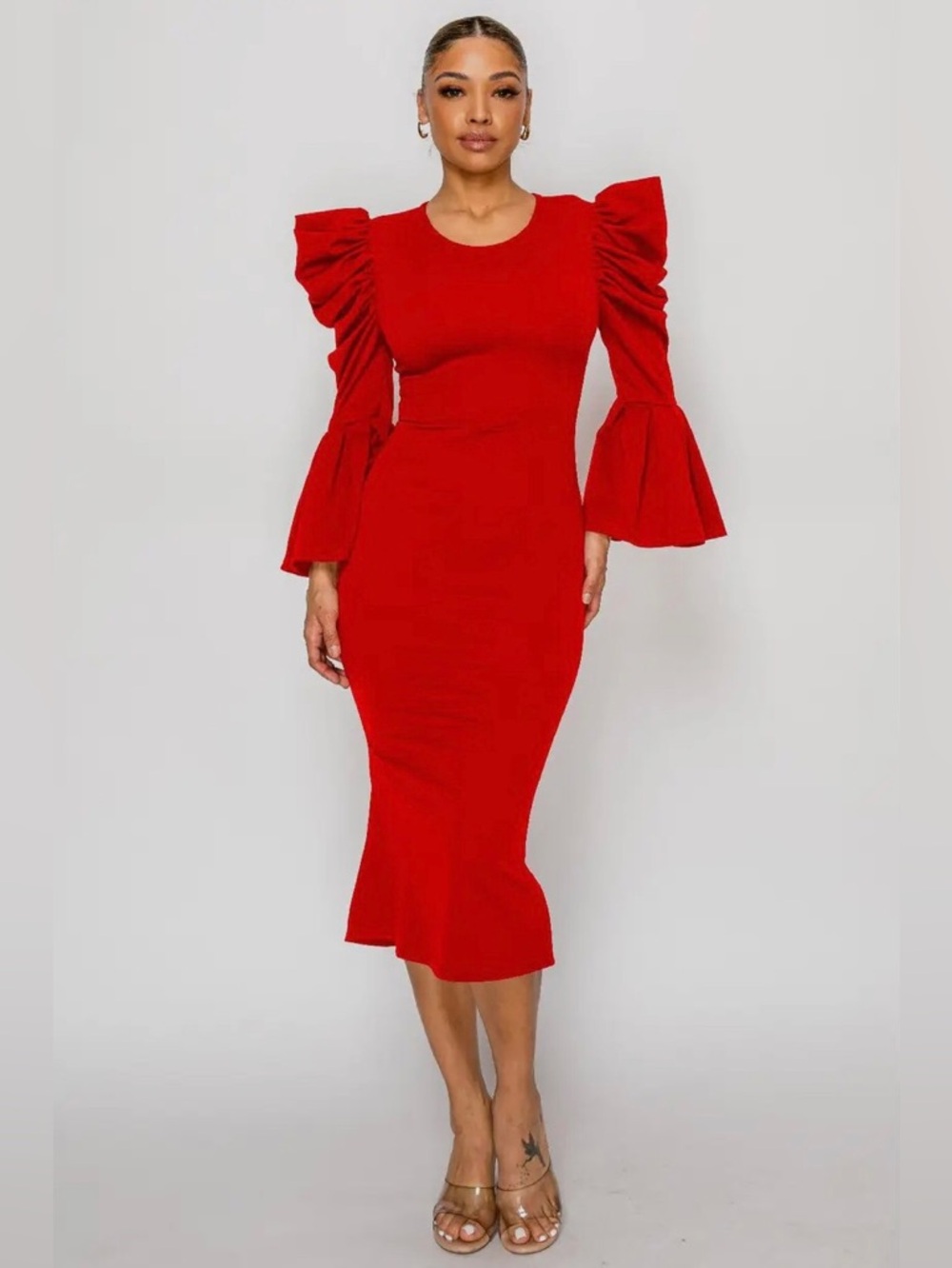 Elle Red Smocked Cap Sleeve Mermaid Midi Dress